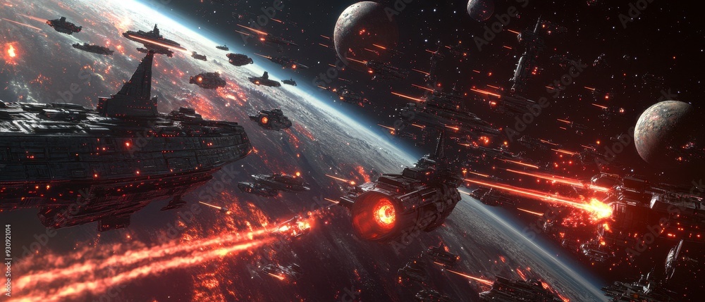 Poster sci-fi space battle with spaceships firing lasers and exploding in front of a planet.