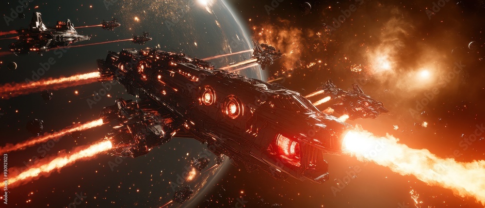 Poster futuristic spaceship battleship engaged in intense space combat with planet in background
