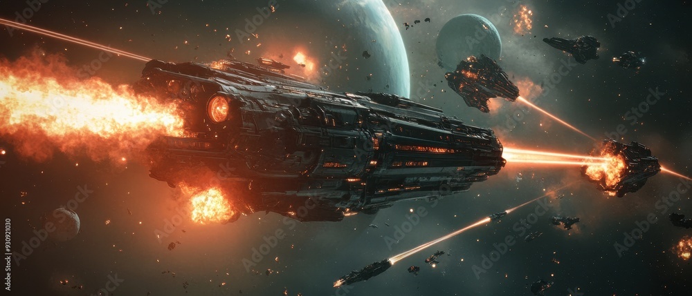 Poster sci-fi spaceship battle with explosions and lasers in space