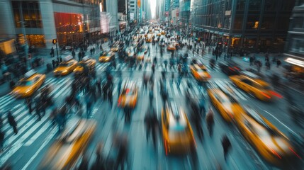 Abstract Blurred Cityscape with Yellow Taxis and Pedestrians.