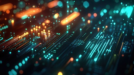 Fototapeta premium Abstract Circuit Board with Glowing Lines and Bokeh Lights - Futuristic Technology Background.