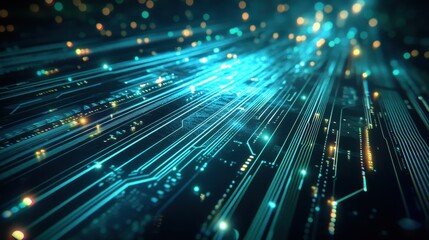 Abstract Blue Circuit Board Pattern with Glowing Lights - Futuristic Technology Background.