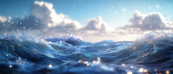 Sparkling Ocean Water with Blue Sky and Clouds Background - Abstract Summer Nature Texture