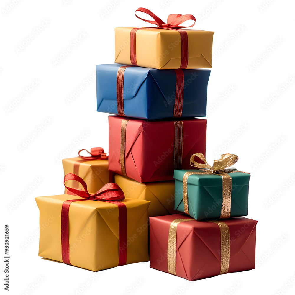 Poster a stack of colorful presents with red bows on top