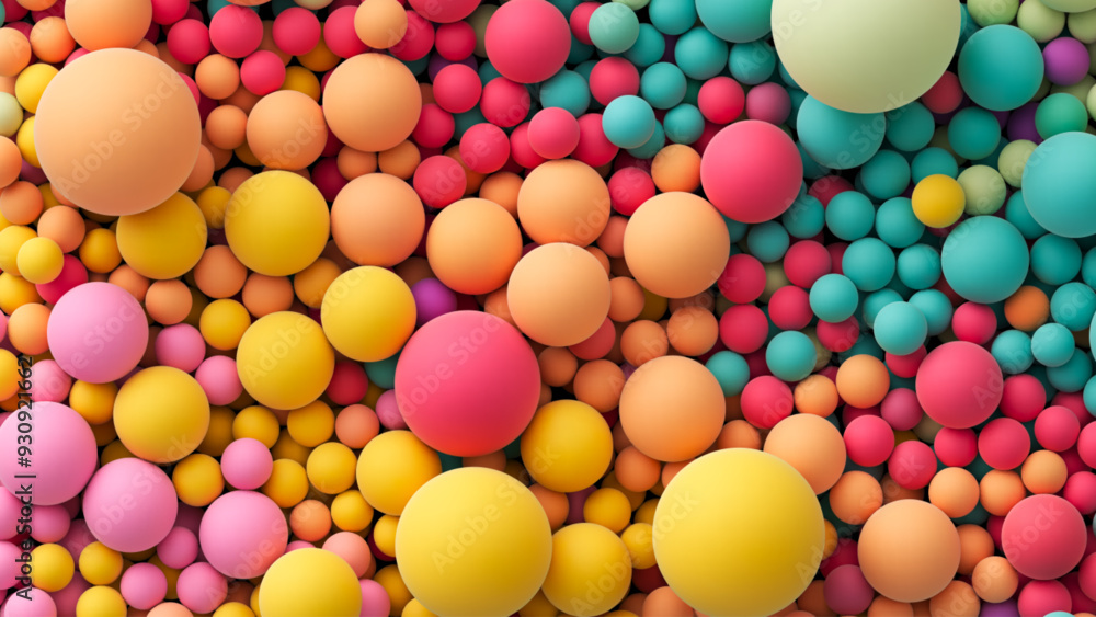 Poster colorful matte soft balls in pink orange yellow tones and different sizes. background with many colo