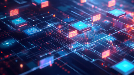 A high-tech scene where blockchain fuels innovation, automating processes and ensuring secure, transparent transactions.