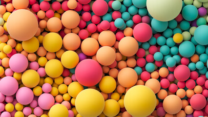 Colorful matte soft balls in pink orange yellow tones and different sizes. Background with many colored big and small random spheres. Flat lay with lots of different colored orbs. Vector background