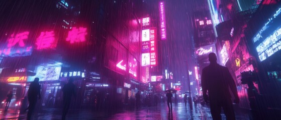 Neon City Rain - Cyberpunk Urban Landscape with Silhouette People.