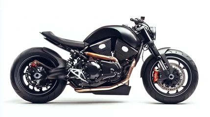 A black custom motorcycle with a sleek, modern design. It features a single seat, a high-mounted exhaust, and a minimalist aesthetic.