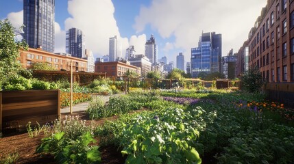 Fototapeta premium Urban Rooftop Garden with Cityscape View.