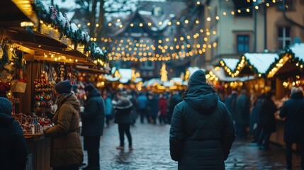 Obraz premium Man Walking Through Snowy Christmas Market at Night.