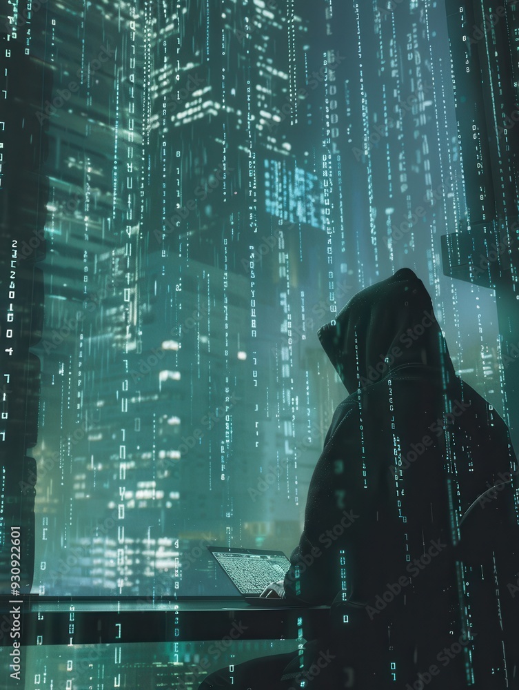 Leinwandbilder a silhouette of a hoodie-wearing hacker focused on a laptop, surrounded by matrix-like code on a lar