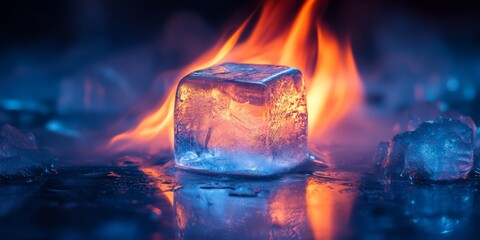 An ice cube in flames presents a captivating contrast of fire and ice, highlighting the beauty of these opposing forces and their intriguing relationship, reflecting natures dynamics