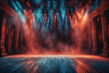 "Theater Stage with Colored Lights and Smoke"