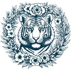Aesthetic Floral Tiger Illustration Graphic Floral Wreath Silhouette Illustration