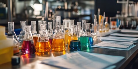 A vibrant display of various laboratory glassware filled with colorful liquids, meticulously arranged on a table, showcasing a scientific setting rich with potential for discovery
