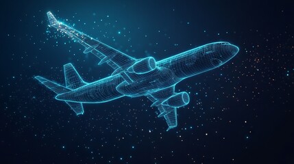 3d airplane flying over clouds. Digital vector airliner in the sky. Air travel, airline transportation concept. With dark blue background. Low poly wireframe with lines, dots and glowing particles 
