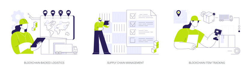 Blockchain technology in logistics abstract concept vector illustrations.