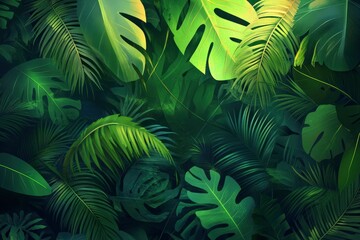 Naklejka premium Nature leaves, green tropical forest, backgound illustration concept , ai