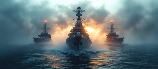 Three warships sailing through fog at sunset