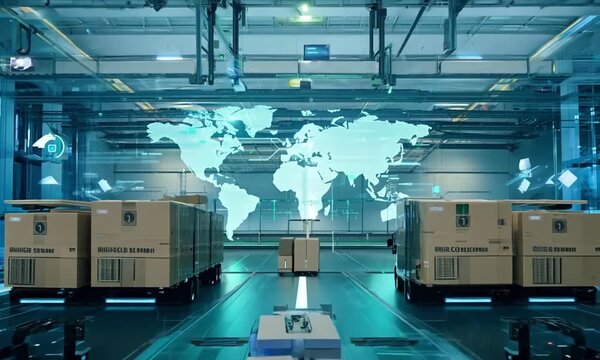 A modern warehouse interior filled with stacked boxes and automated handling systems.