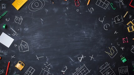 Elegantly Designed Chalkboard with School Symbols and Math Equations, Ideal for Online Education Banners and Website Templates. Back to School Theme with High-Resolution, Studio-Grade Lighting 