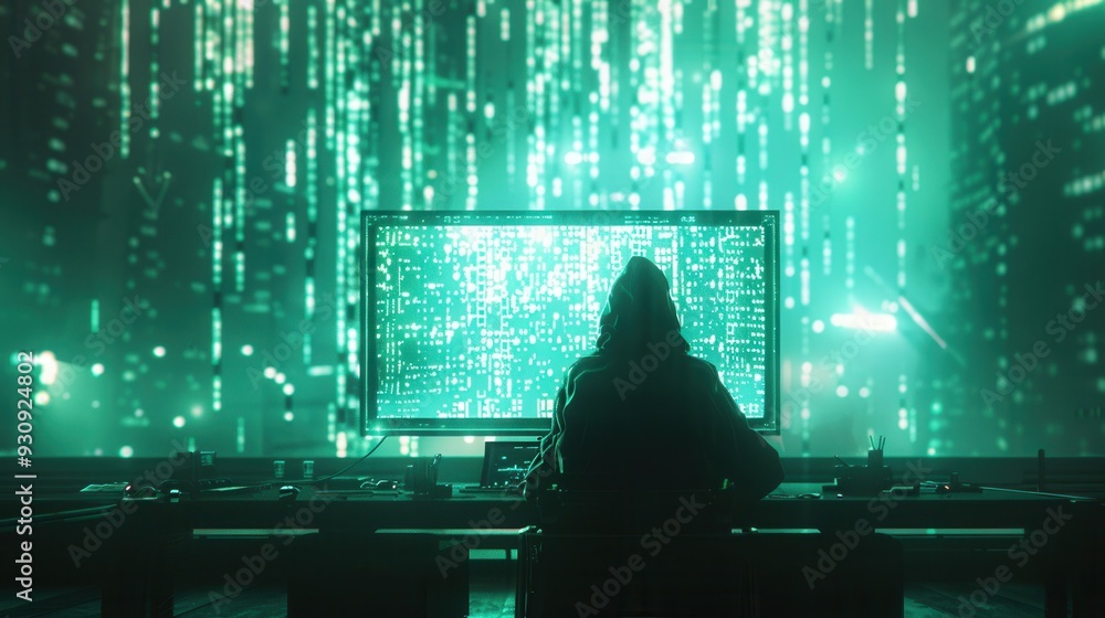 Aufkleber A hacker in a hoodie works intently at a computer with a large screen filled with streaming code in a dark environment. Generative AI