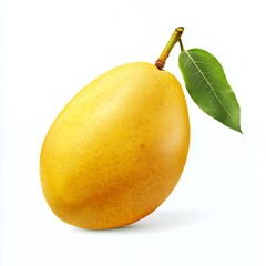 A ripe mango with a green leaf, showcasing its vibrant yellow color and smooth texture.