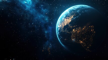 Obraz premium Nightly Earth planet in outer space. City lights on planet. Life of people. Solar system element. Elements of this image furnished , ai
