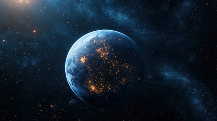 Fototapeta premium Nightly Earth planet in outer space. City lights on planet. Life of people. Solar system element. Elements of this image furnished , ai