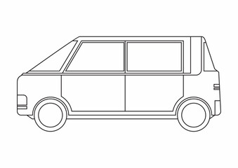 Long car coloring pages. Vector illustration of future electric vehicle design. Child lesson for drawing.