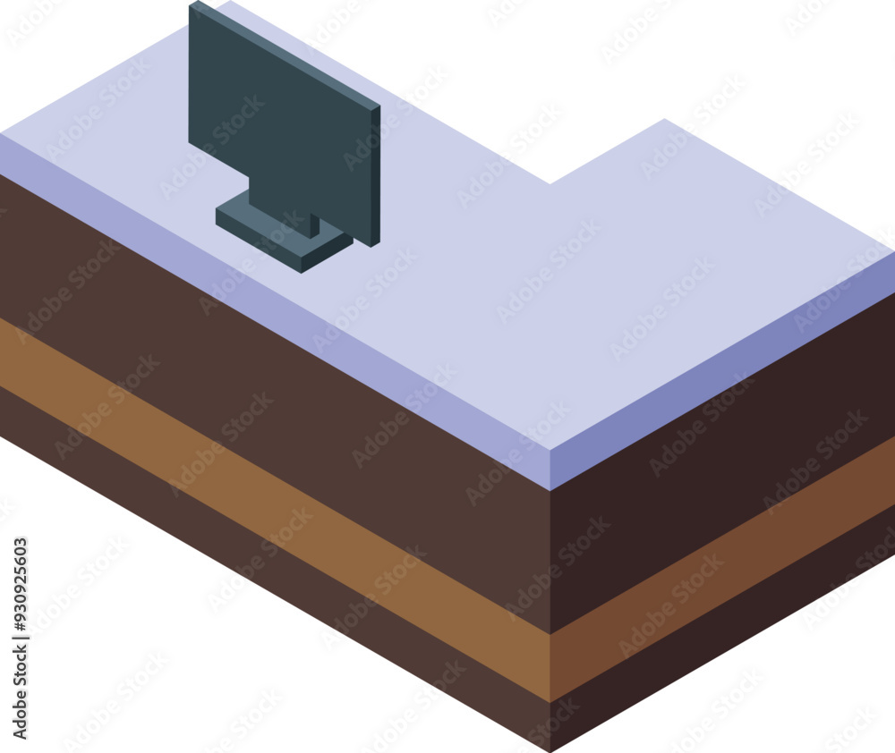 Poster isometric reception desk with a computer standing in an office room