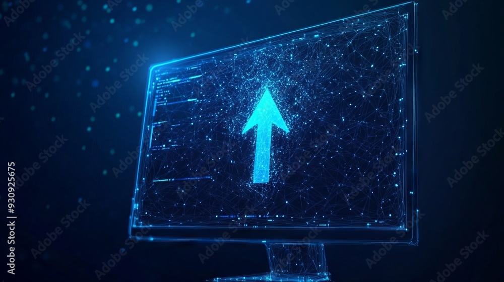 Poster abstract arrow up on monitor screen with dark blue background. low poly wireframe with lines, dots a
