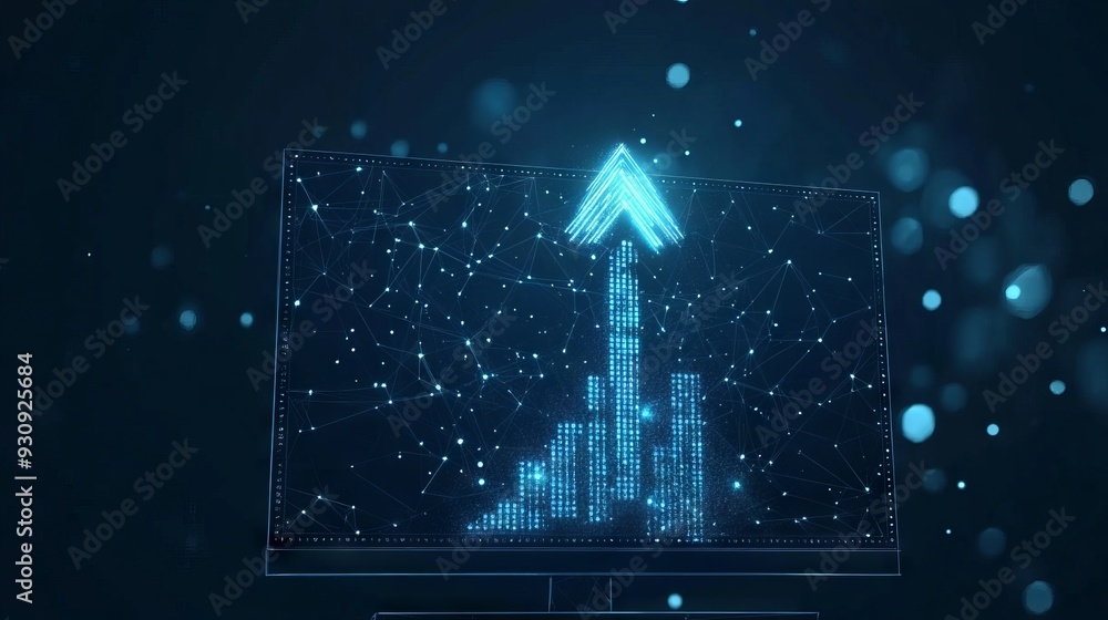 Poster abstract arrow up on monitor screen with dark blue background. low poly wireframe with lines, dots a