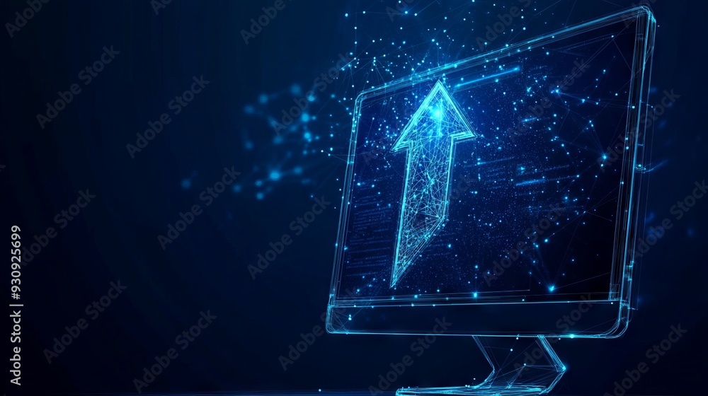 Poster abstract arrow up on monitor screen with dark blue background. low poly wireframe with lines, dots a