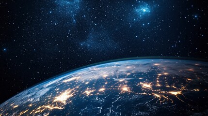 Obraz premium Nightly Earth planet in outer space. City lights on planet. Life of people. Solar system element. Elements of this image furnished , ai