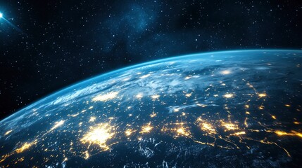 Obraz premium Nightly Earth planet in outer space. City lights on planet. Life of people. Solar system element. Elements of this image furnished , ai