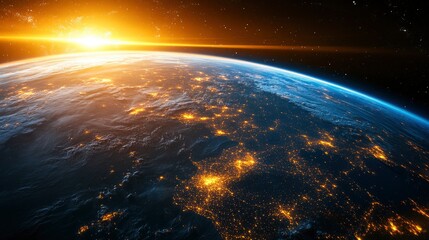 Obraz premium Nightly Earth planet in outer space. City lights on planet. Life of people. Solar system element. Elements of this image furnished , ai