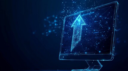 Abstract Arrow Up on Monitor Screen with dark blue background. Low poly wireframe with lines, dots and glowing particles 