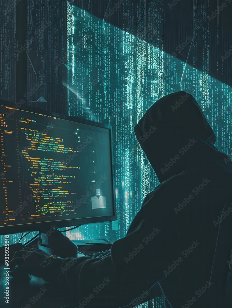 Poster A hooded figure focused on coding at a computer, illuminated by cascading digital binary data on a large monitor in a dimly lit environment. Generative AI
