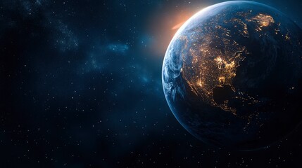 Fototapeta premium Nightly Earth planet in outer space. City lights on planet. Life of people. Solar system element. Elements of this image furnished , ai