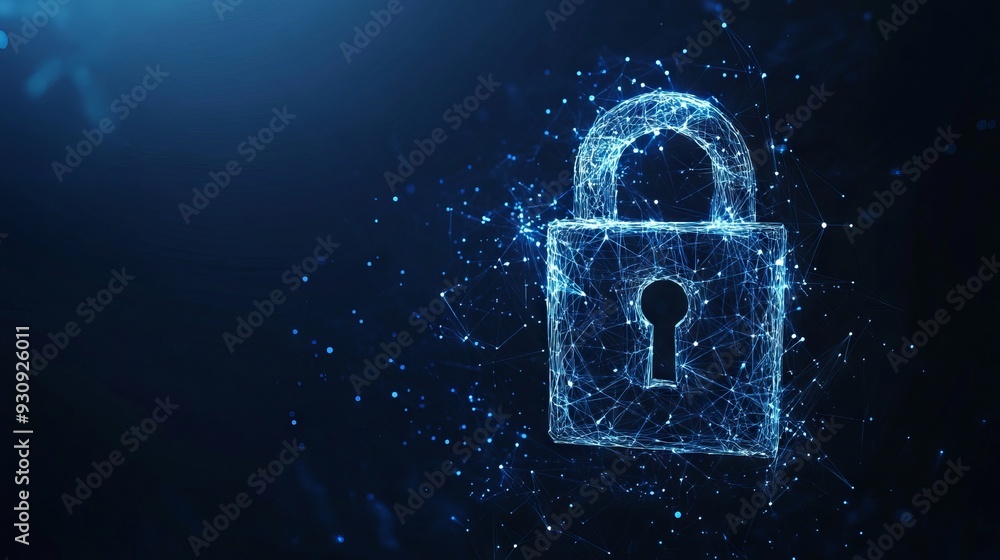 Poster abstract closed lock without key on dark blue background. protect or security symbol composed of pol