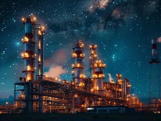 Fototapeta premium Glowing Industrial Haven: Futuristic Buildings Lit Up in the Night Sky