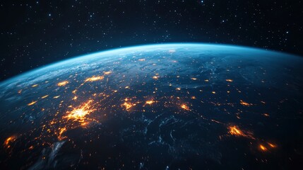 Fototapeta premium Nightly Earth planet in outer space. City lights on planet. Life of people. Solar system element. Elements of this image furnished , ai