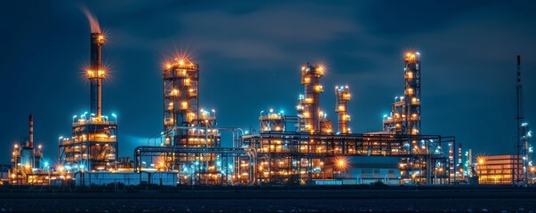 Obraz premium Illuminated Modern Industrial Complex at Night with Glowing Buildings