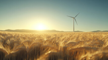 Obraz premium A wind turbine is standing in a field of golden wheat. The sun is setting in the background, casting a warm glow over the scene. Concept of peacefulness and harmony between nature and technology