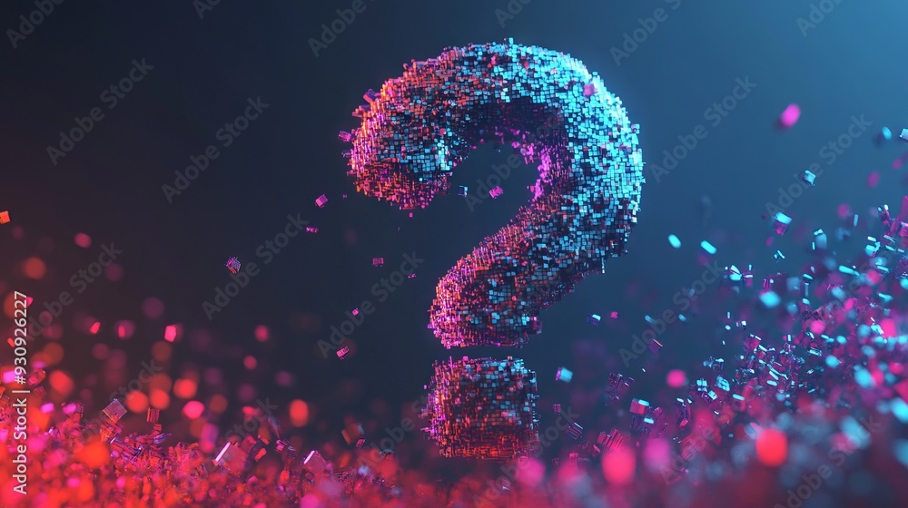 Poster abstract digital question mark. low poly wireframe with lines, dots and glowing particles
