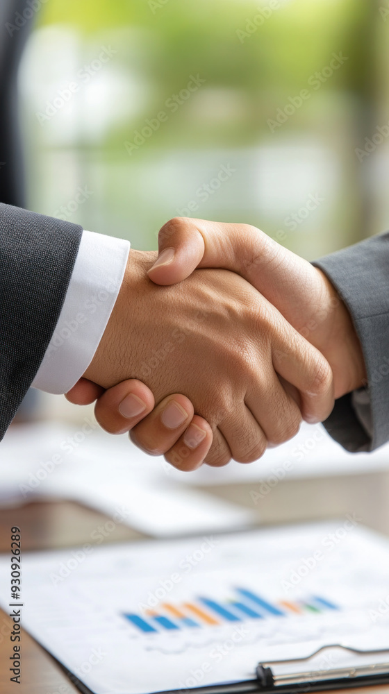 Poster two men shaking hands in front of a table with graphs and papers. scene is professional and formal