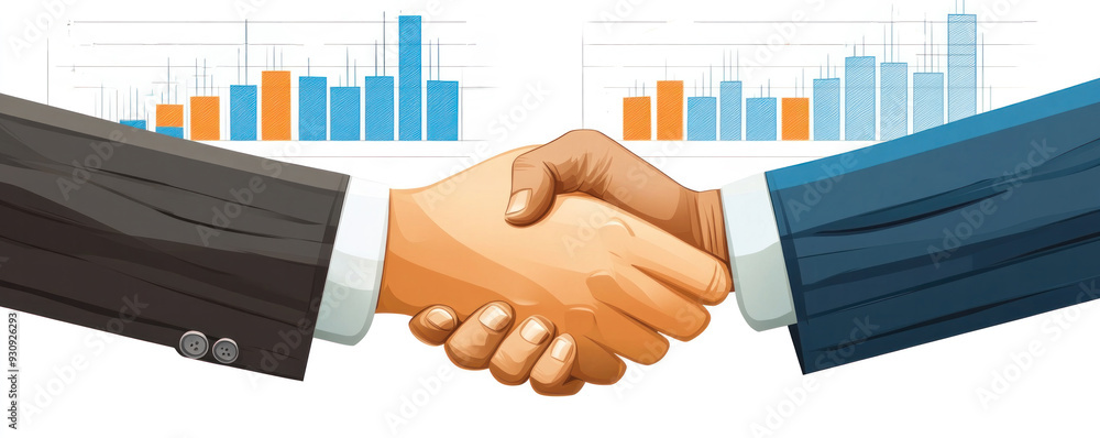 Poster two men shaking hands with a graph behind them. the graph is showing a downward trend. scene is seri