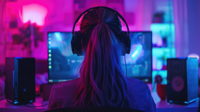 Girl gaming with computer in room with neon lights and streaming online